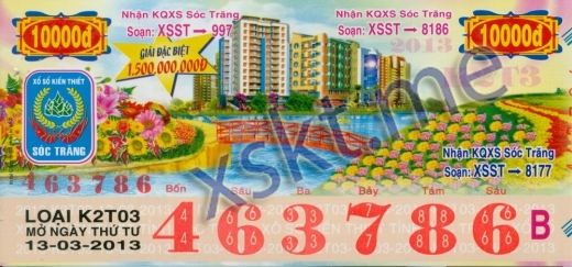Mẫu vé sô xổ số Sóc Trăng ngày 13/3/2013