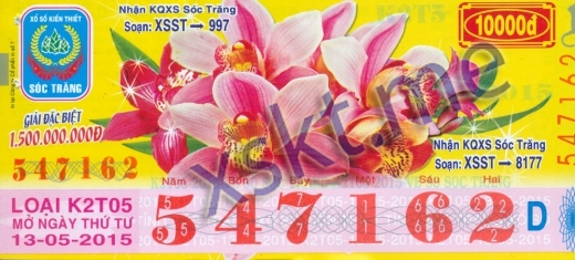 Mẫu vé sô xổ số Sóc Trăng ngày 13/5/2015