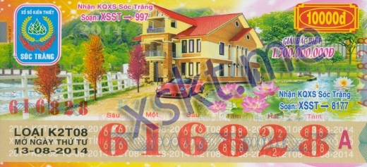 Mẫu vé sô xổ số Sóc Trăng ngày 13/8/2014