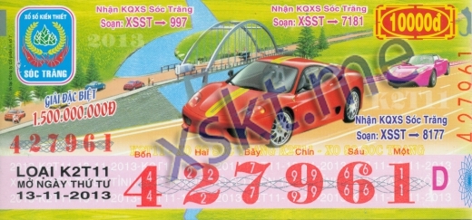 Mẫu vé sô xổ số Sóc Trăng ngày 13/11/2013