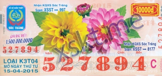 Mẫu vé sô xổ số Sóc Trăng ngày 15/4/2015