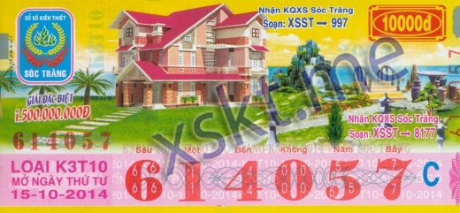 Mẫu vé sô xổ số Sóc Trăng ngày 15/10/2014