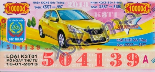 Mẫu vé sô xổ số Sóc Trăng ngày 16/1/2013
