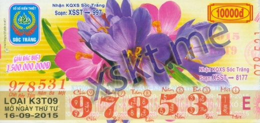 Mẫu vé sô xổ số Sóc Trăng ngày 16/9/2015