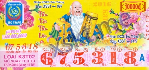 Mẫu vé sô xổ số Sóc Trăng ngày 17/2/2016