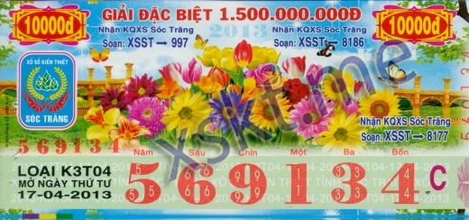 Mẫu vé sô xổ số Sóc Trăng ngày 17/4/2013