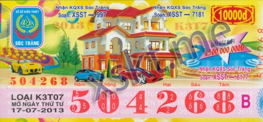 Mẫu vé sô xổ số Sóc Trăng ngày 17/7/2013