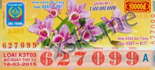 Mẫu vé sô xổ số Sóc Trăng ngày 18/3/2015