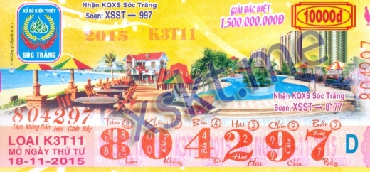 Mẫu vé sô xổ số Sóc Trăng ngày 18/11/2015