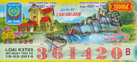 Mẫu vé sô xổ số Sóc Trăng ngày 19/3/2014