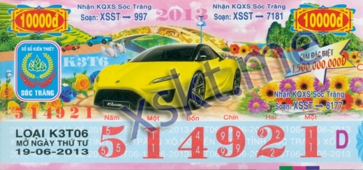 Mẫu vé sô xổ số Sóc Trăng ngày 19/6/2013