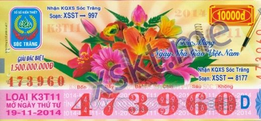 Mẫu vé sô xổ số Sóc Trăng ngày 19/11/2014