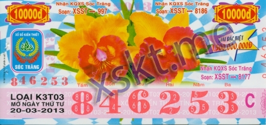 Mẫu vé sô xổ số Sóc Trăng ngày 20/3/2013