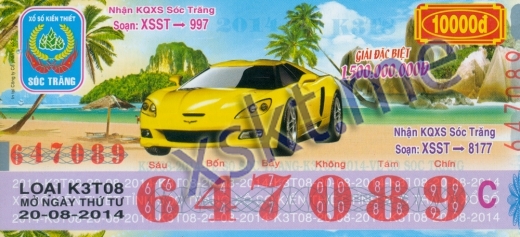 Mẫu vé sô xổ số Sóc Trăng ngày 20/8/2014