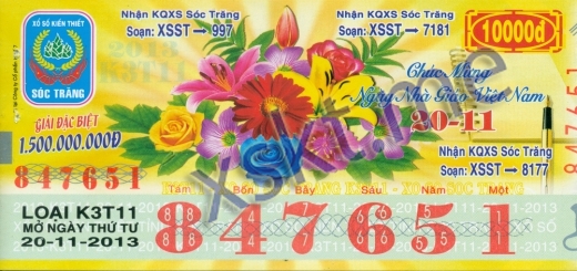 Mẫu vé sô xổ số Sóc Trăng ngày 20/11/2013