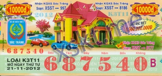 Mẫu vé sô xổ số Sóc Trăng ngày 21/11/2012