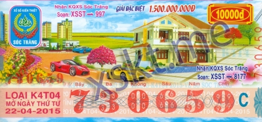 Mẫu vé sô xổ số Sóc Trăng ngày 22/4/2015