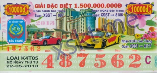 Mẫu vé sô xổ số Sóc Trăng ngày 22/5/2013