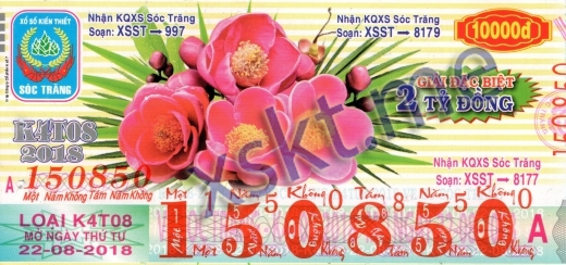 Mẫu vé sô xổ số Sóc Trăng ngày 22/8/2018
