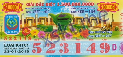 Mẫu vé sô xổ số Sóc Trăng ngày 23/1/2013