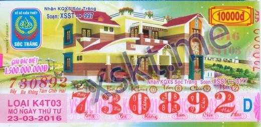Mẫu vé sô xổ số Sóc Trăng ngày 23/3/2016