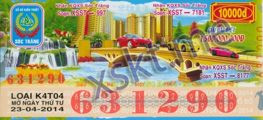 Mẫu vé sô xổ số Sóc Trăng ngày 23/4/2014