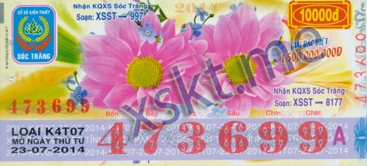Mẫu vé sô xổ số Sóc Trăng ngày 23/7/2014