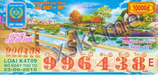 Mẫu vé sô xổ số Sóc Trăng ngày 23/9/2015