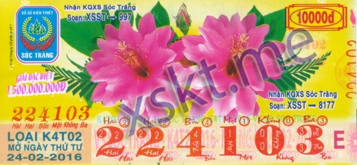 Mẫu vé sô xổ số Sóc Trăng ngày 24/2/2016