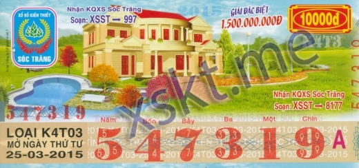 Mẫu vé sô xổ số Sóc Trăng ngày 25/3/2015