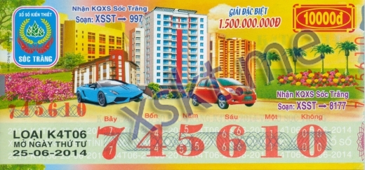 Mẫu vé sô xổ số Sóc Trăng ngày 25/6/2014