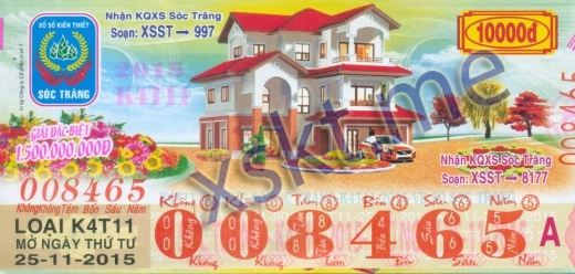 Mẫu vé sô xổ số Sóc Trăng ngày 25/11/2015