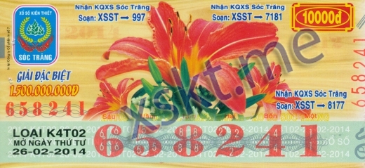 Mẫu vé sô xổ số Sóc Trăng ngày 26/2/2014