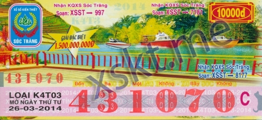 Mẫu vé sô xổ số Sóc Trăng ngày 26/3/2014