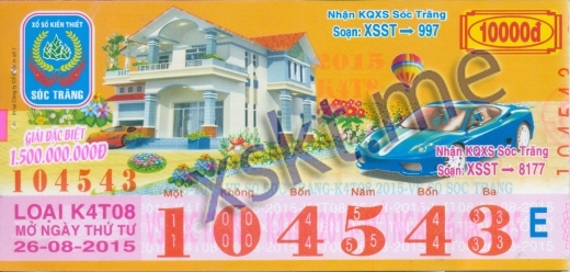 Mẫu vé sô xổ số Sóc Trăng ngày 26/8/2015
