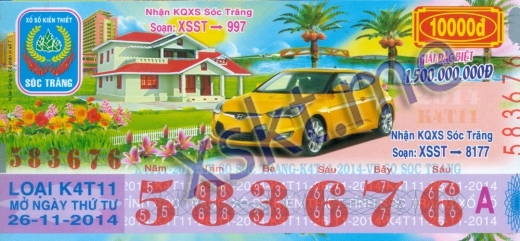 Mẫu vé sô xổ số Sóc Trăng ngày 26/11/2014