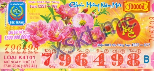 Mẫu vé sô xổ số Sóc Trăng ngày 27/1/2016