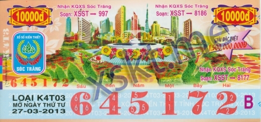 Mẫu vé sô xổ số Sóc Trăng ngày 27/3/2013