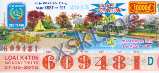 Mẫu vé sô xổ số Sóc Trăng ngày 27/5/2015