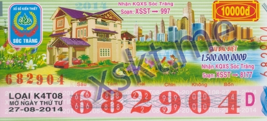 Mẫu vé sô xổ số Sóc Trăng ngày 27/8/2014