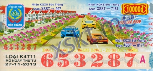Mẫu vé sô xổ số Sóc Trăng ngày 27/11/2013