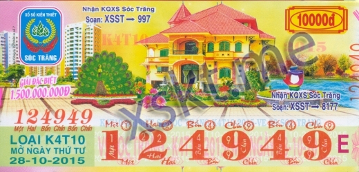 Mẫu vé sô xổ số Sóc Trăng ngày 28/10/2015