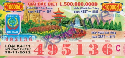 Mẫu vé sô xổ số Sóc Trăng ngày 28/11/2012