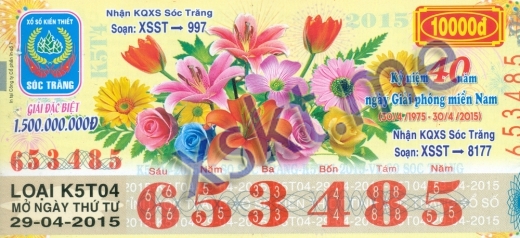 Mẫu vé sô xổ số Sóc Trăng ngày 29/4/2015