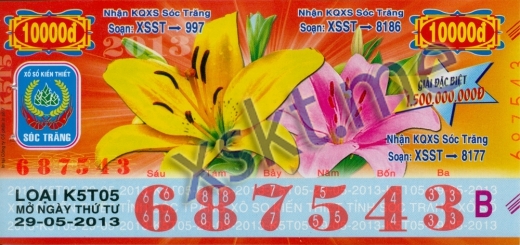 Mẫu vé sô xổ số Sóc Trăng ngày 29/5/2013