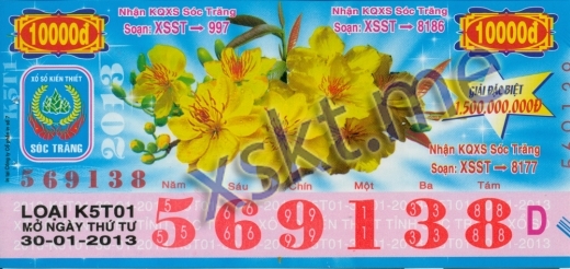 Mẫu vé sô xổ số Sóc Trăng ngày 30/1/2013