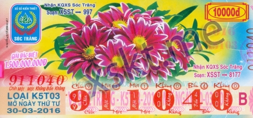 Mẫu vé sô xổ số Sóc Trăng ngày 30/3/2016