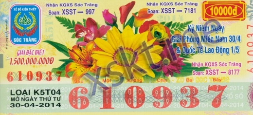 Mẫu vé sô xổ số Sóc Trăng ngày 30/4/2014