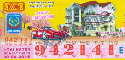 Mẫu vé sô xổ số Sóc Trăng ngày 30/9/2015