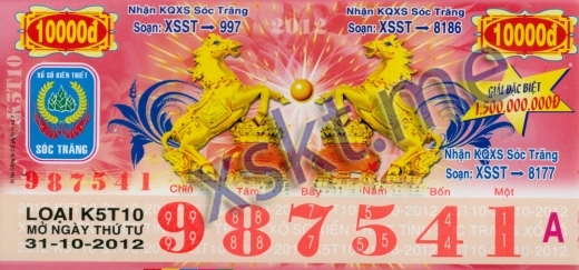 Mẫu vé sô xổ số Sóc Trăng ngày 31/10/2012
